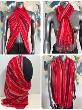 Vibrant Red Striped Women's Scarf, Shoulder Wrap, Or Hijab